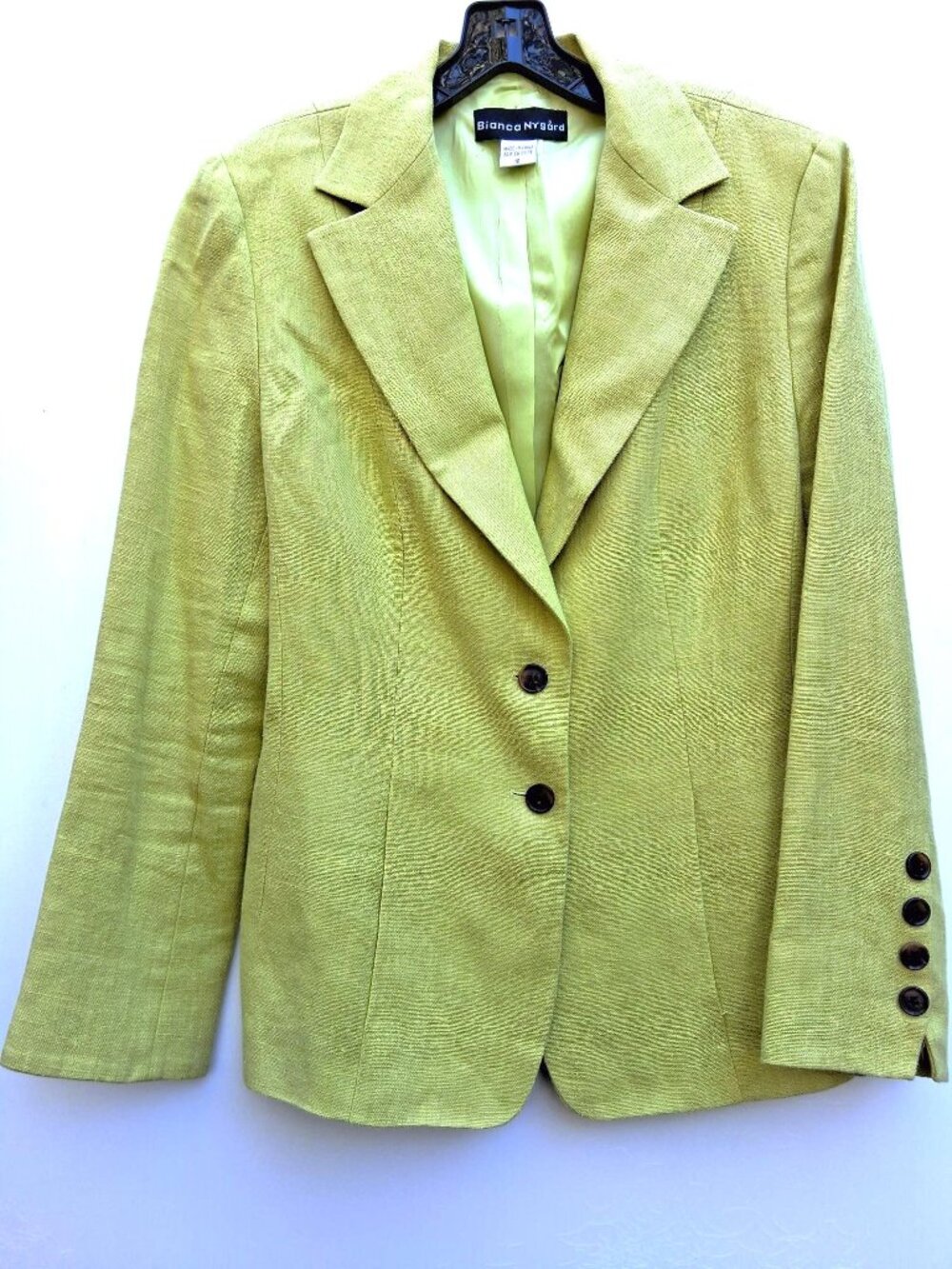 Vintage BIANCA NYGARD classic lined linen blazer, greenish yellow (size 10)